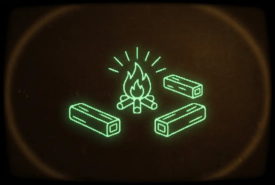 a small glowing campfire surrounded by empty log seats in darkness
