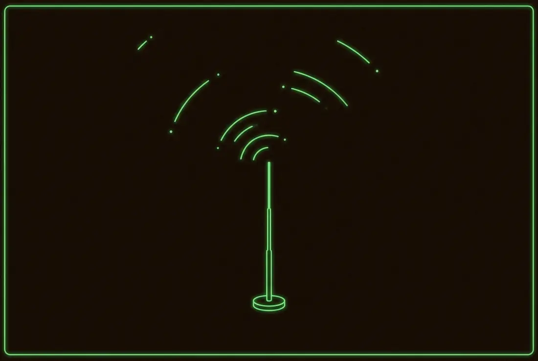 a slender antenna catching small glowing signal arcs out of a dark sky
