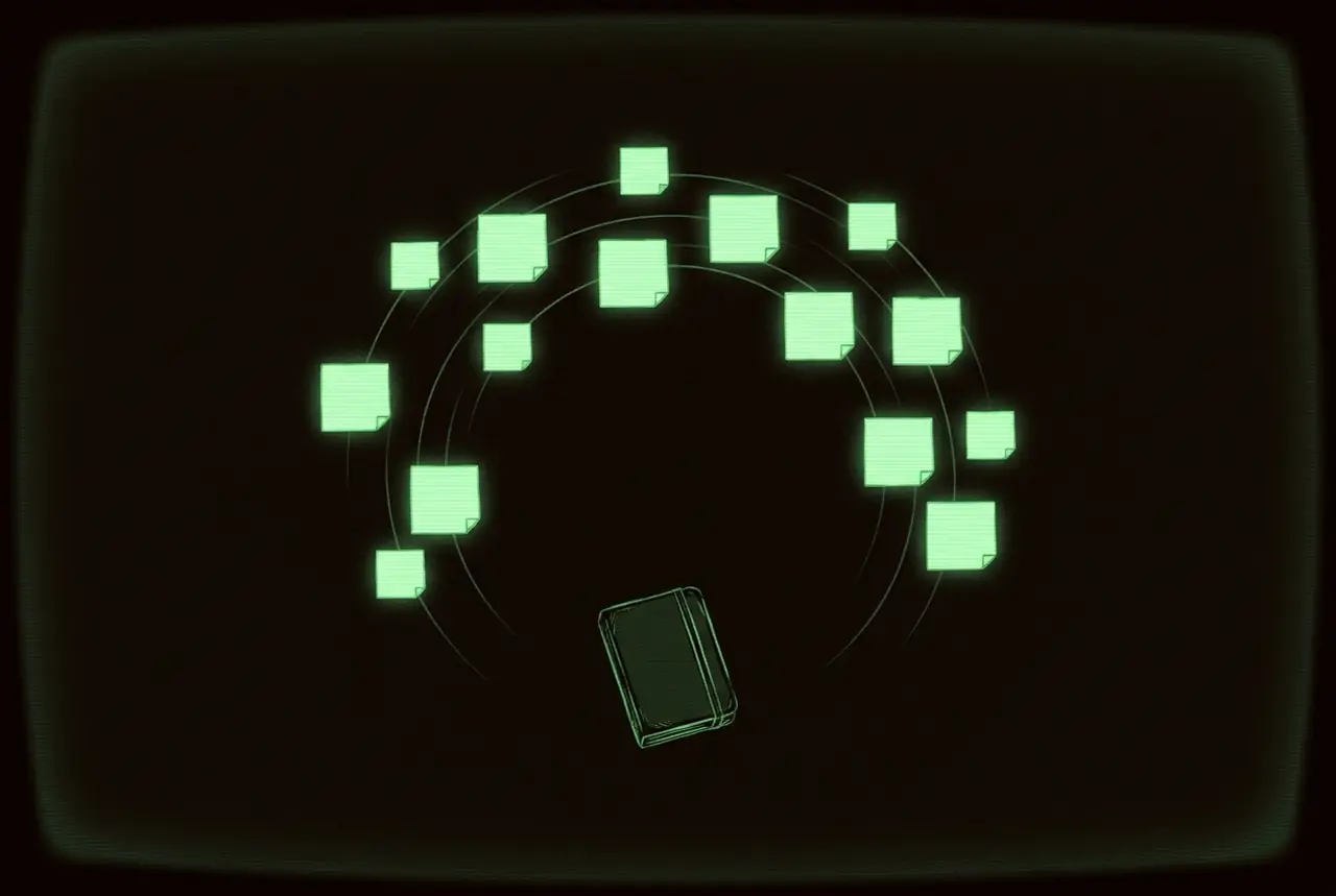 a small dark notebook with a burst of glowing sticky notes orbiting above it
