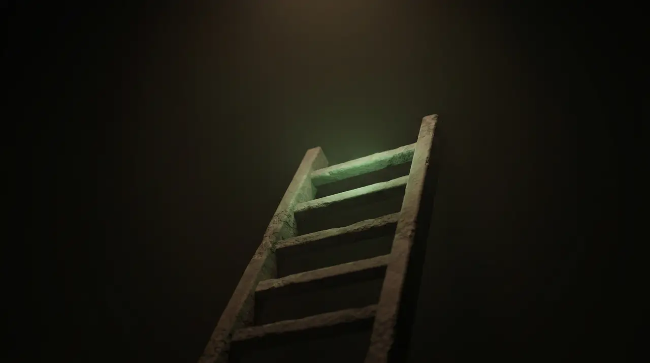 a green ladder climbing into dark heights, only top rungs lit