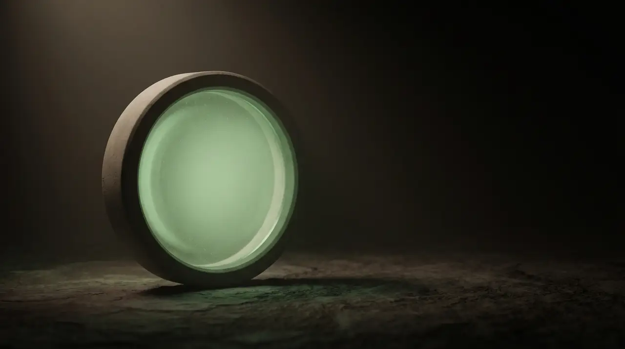 a single green magnifying lens over dark ground, faint glow