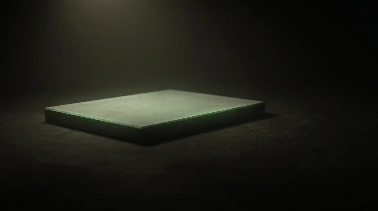 a modest green foundation slab in vast empty darkness