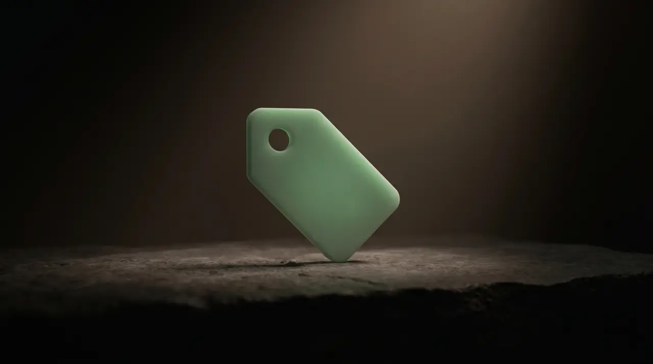 a single green-lit price tag shape on dark stone, no text