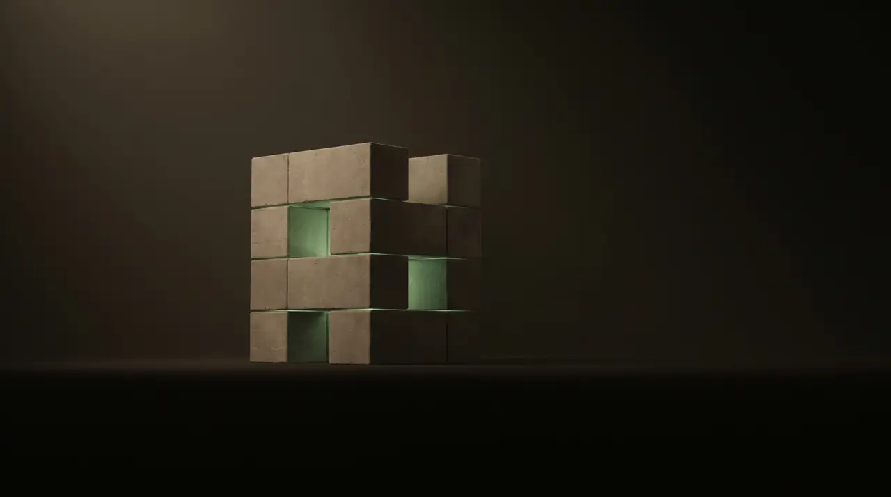 a clean green-lit structure built block by block in the dark