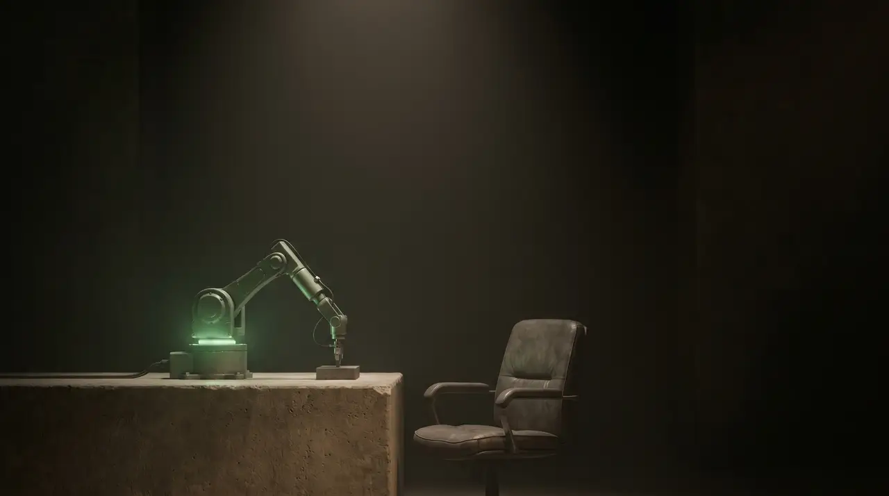 a green junior robotic arm working beside an empty supervisor chair