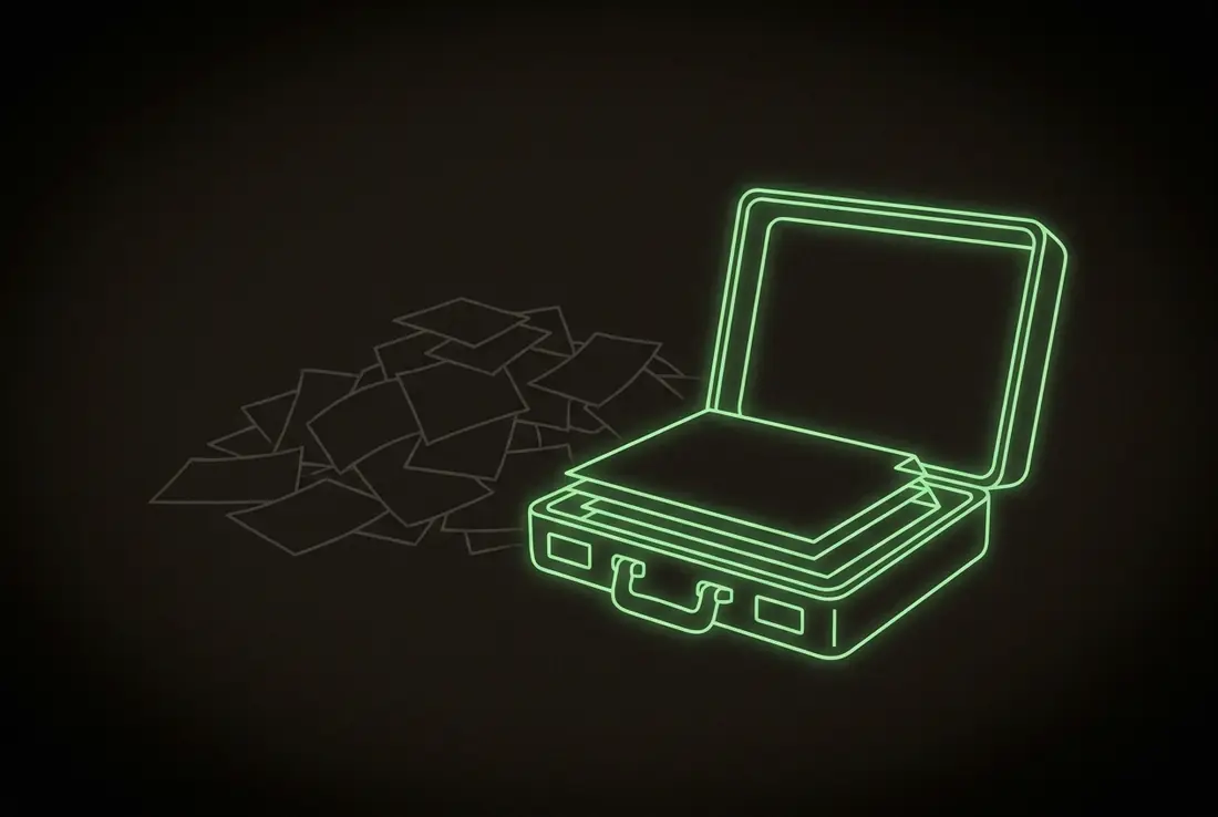 an open briefcase holding three documents, a pile of grey papers left outside