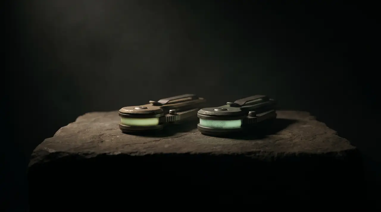 two small green tools side by side on dark stone, one warmer