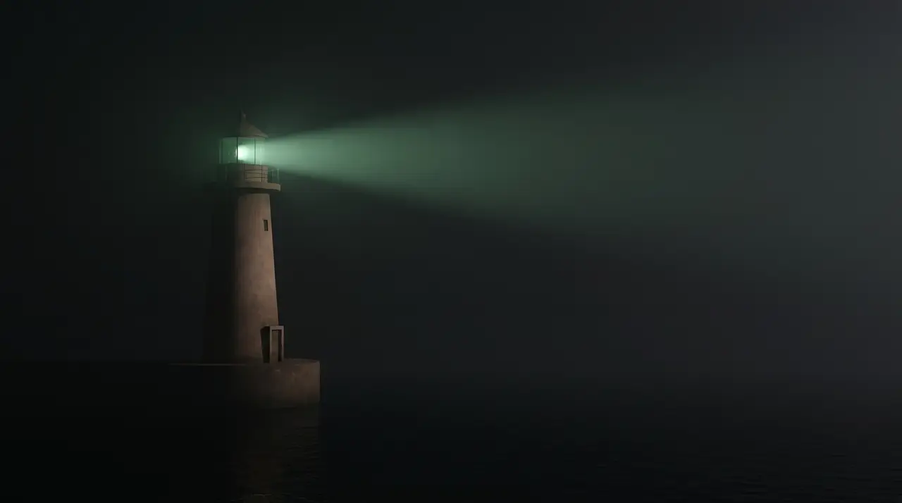 a quiet green lighthouse beam cutting through dark fog over a still sea