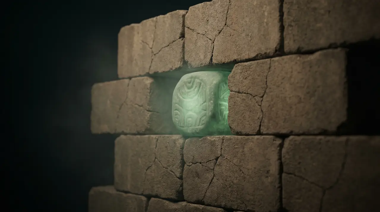a wall of generic grey blocks with one block replaced by a luminous hand-carved green stone