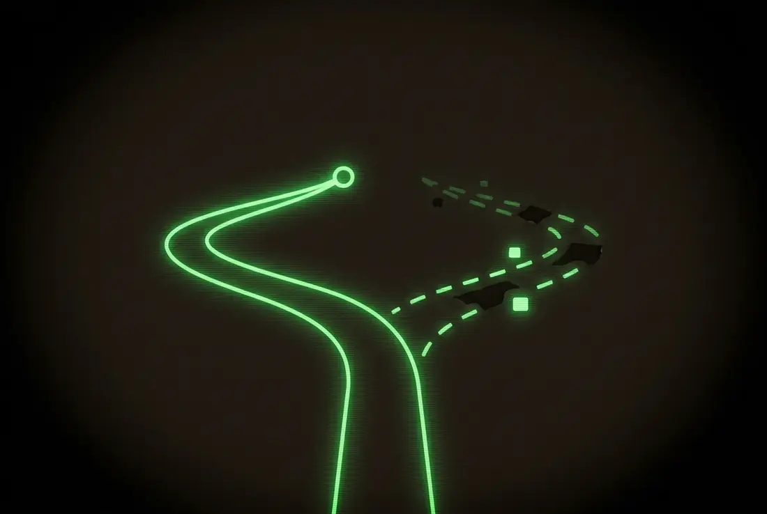 a path in darkness splitting at a fork: one branch smooth and lit, the other dim and broken by pitfalls