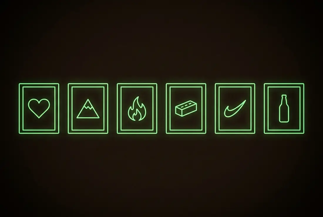 a dark gallery wall of glowing green framed panels, each holding a different abstract symbol
