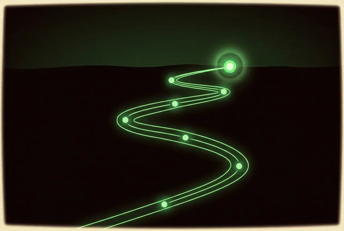 a glowing green path winding through dark terrain with five lit waypoints, the final one brightest