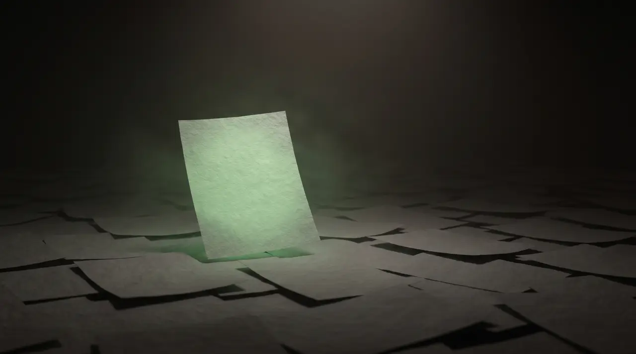 one textured green-lit sheet rising above a sea of flat identical grey sheets fading into dark