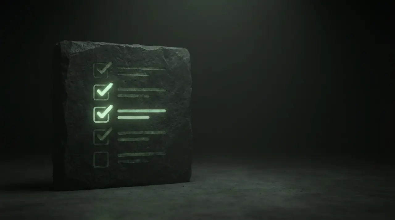 a checklist etched in green light on a dark slab with a few items glowing complete