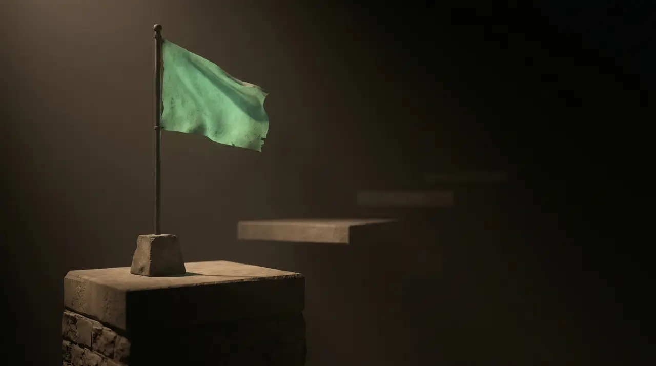 a green flag planted on a solid dark foundation block while faint platforms drift away in haze
