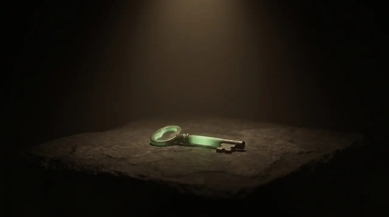 a single green-lit key resting on dark stone, isolated and quiet