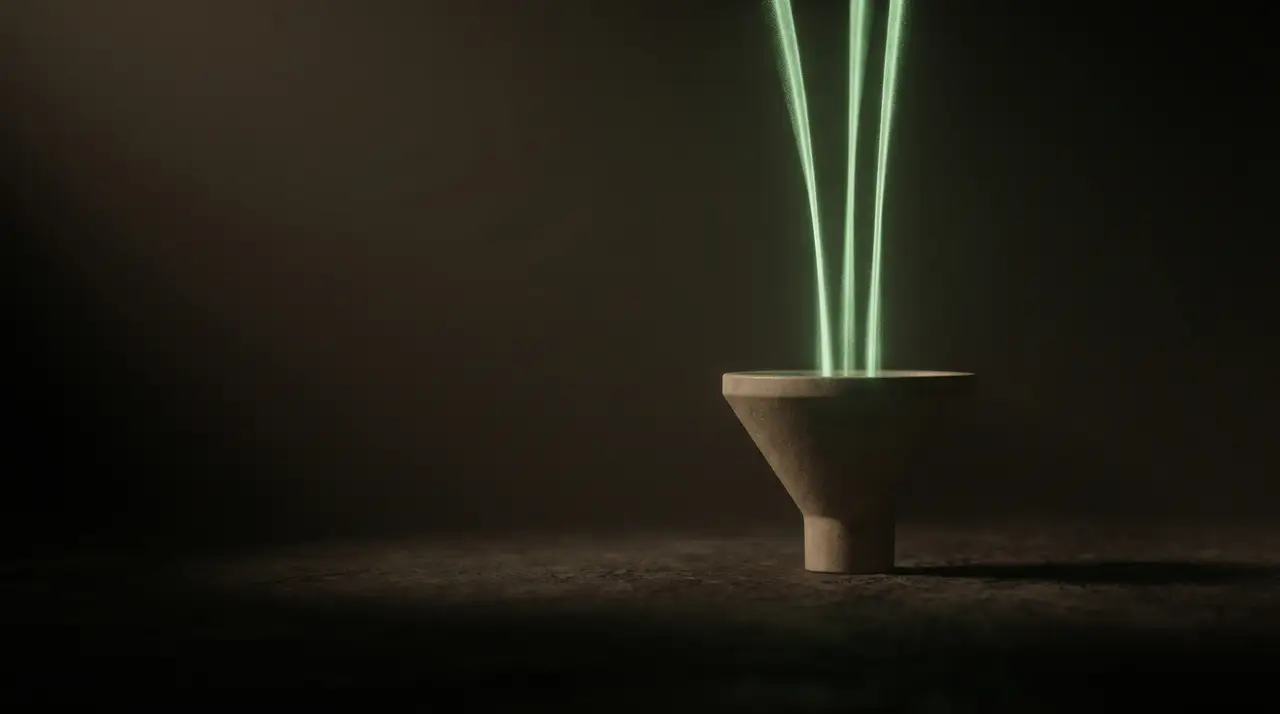 three thin green channels of light flowing into one funnel over dark ground
