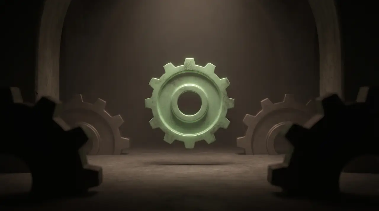 one green gear turning in darkness while faint dim gears sit stopped around it