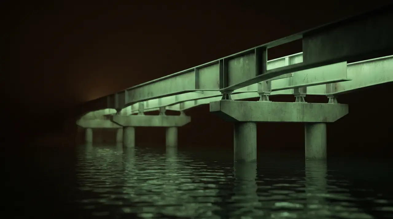a green-lit bridge half-built out over dark water, the far end still unlit
