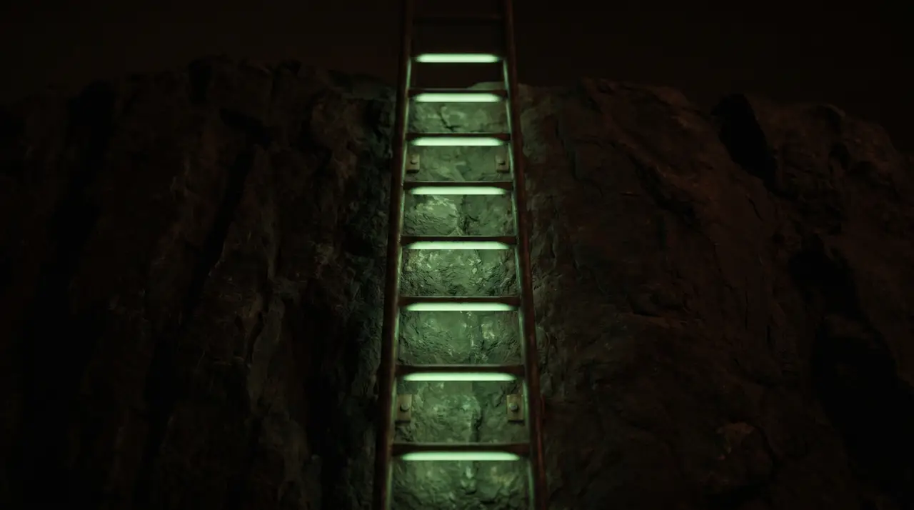 a steady green ladder bolted to dark rock, each rung lit before the next