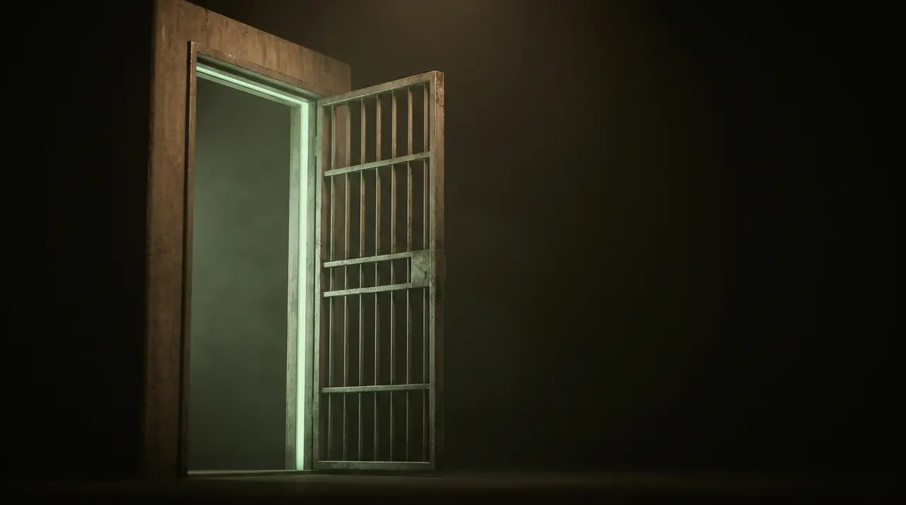 an open green-lit cage door in darkness, ambiguous freedom
