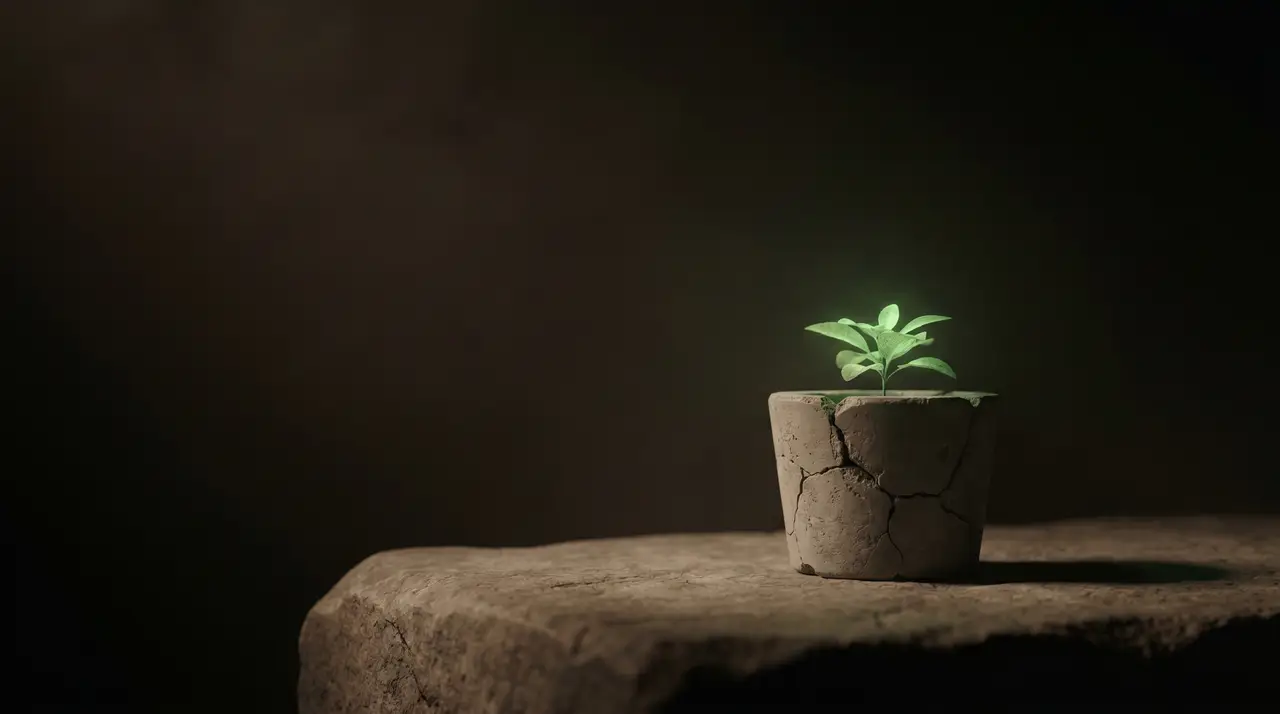 a tiny green plant in a cracked free pot, dark background