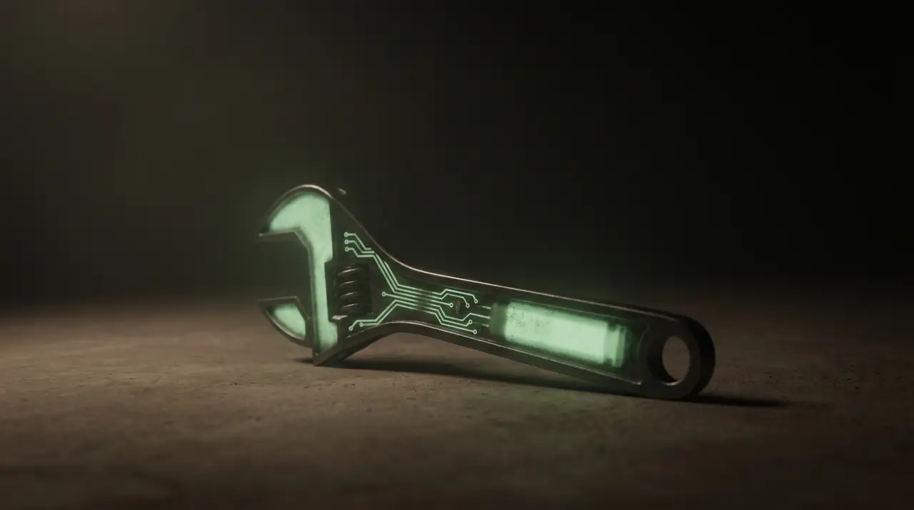 a single green hand-tool merged with a faint green circuit, dark
