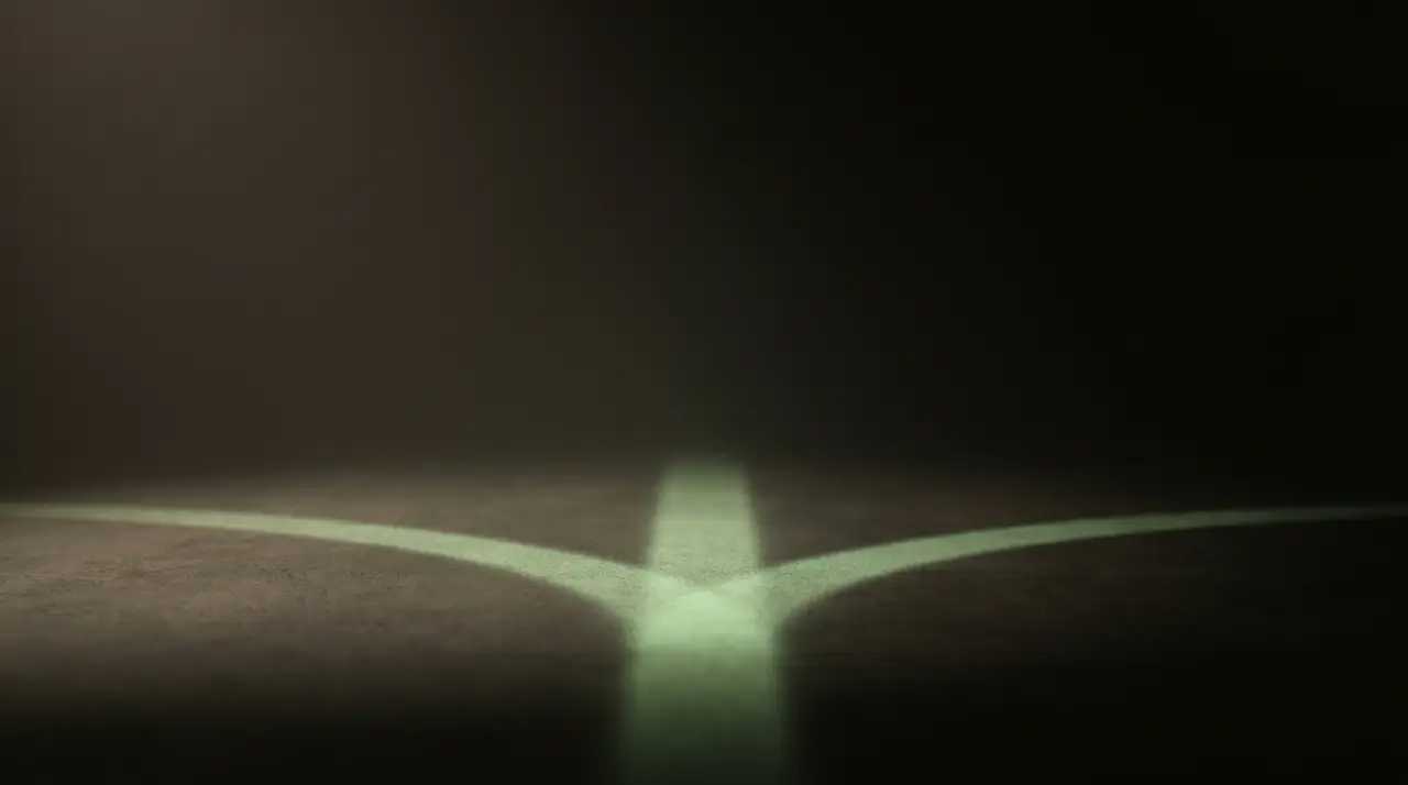 three diverging green paths from one point on dark ground