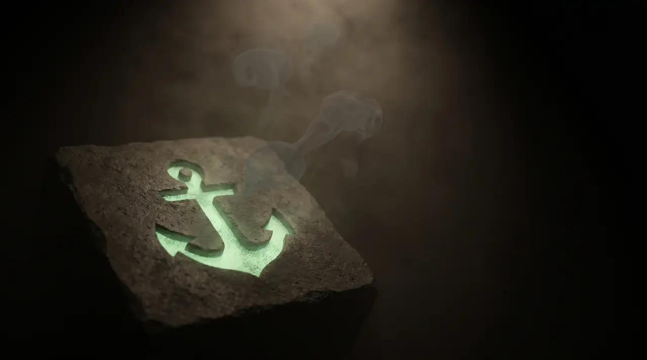 a green-lit anchor planted in dark stone while faint grey social bubbles drift away into haze