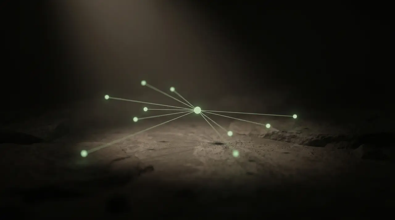 small green light points joined by thin lines converging into one owned bright node