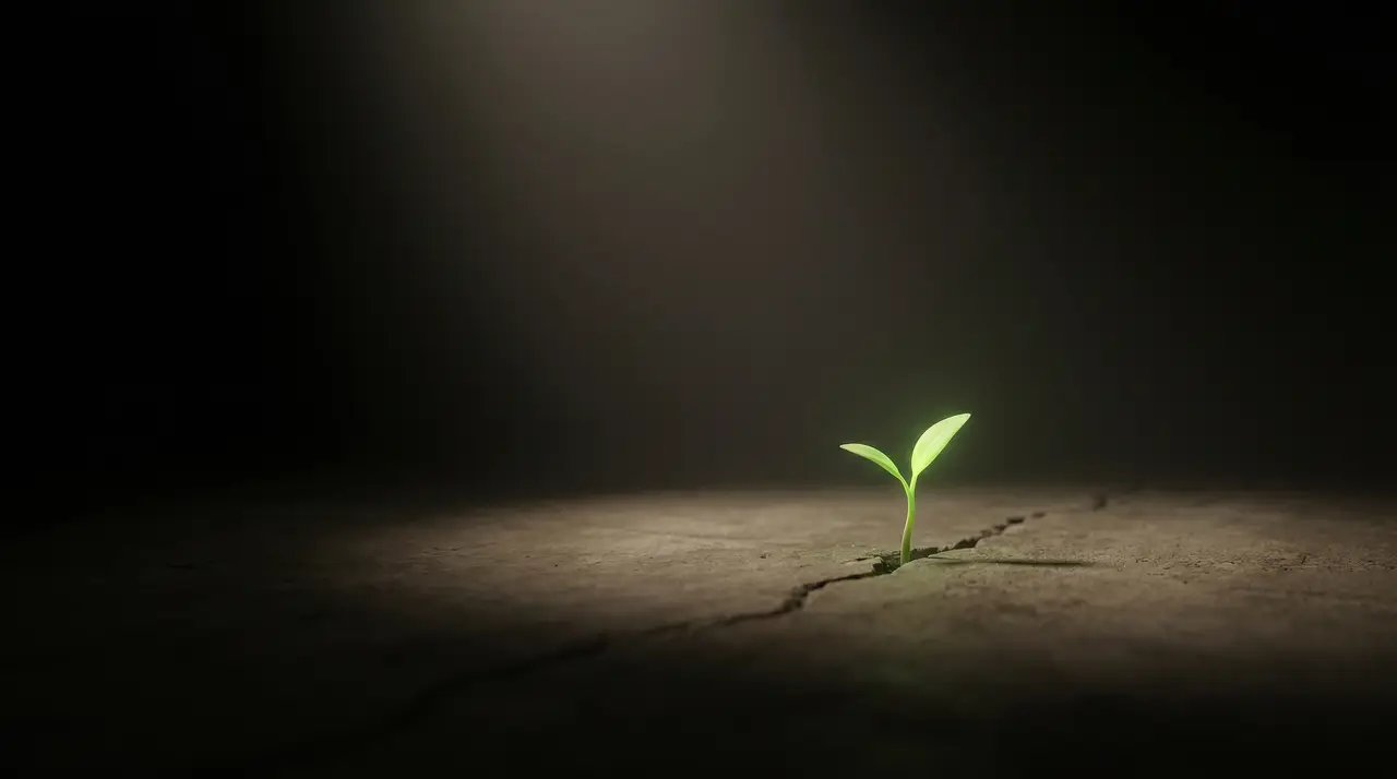 a phosphor-green sprout growing from a crack in dark concrete, alone in empty darkness