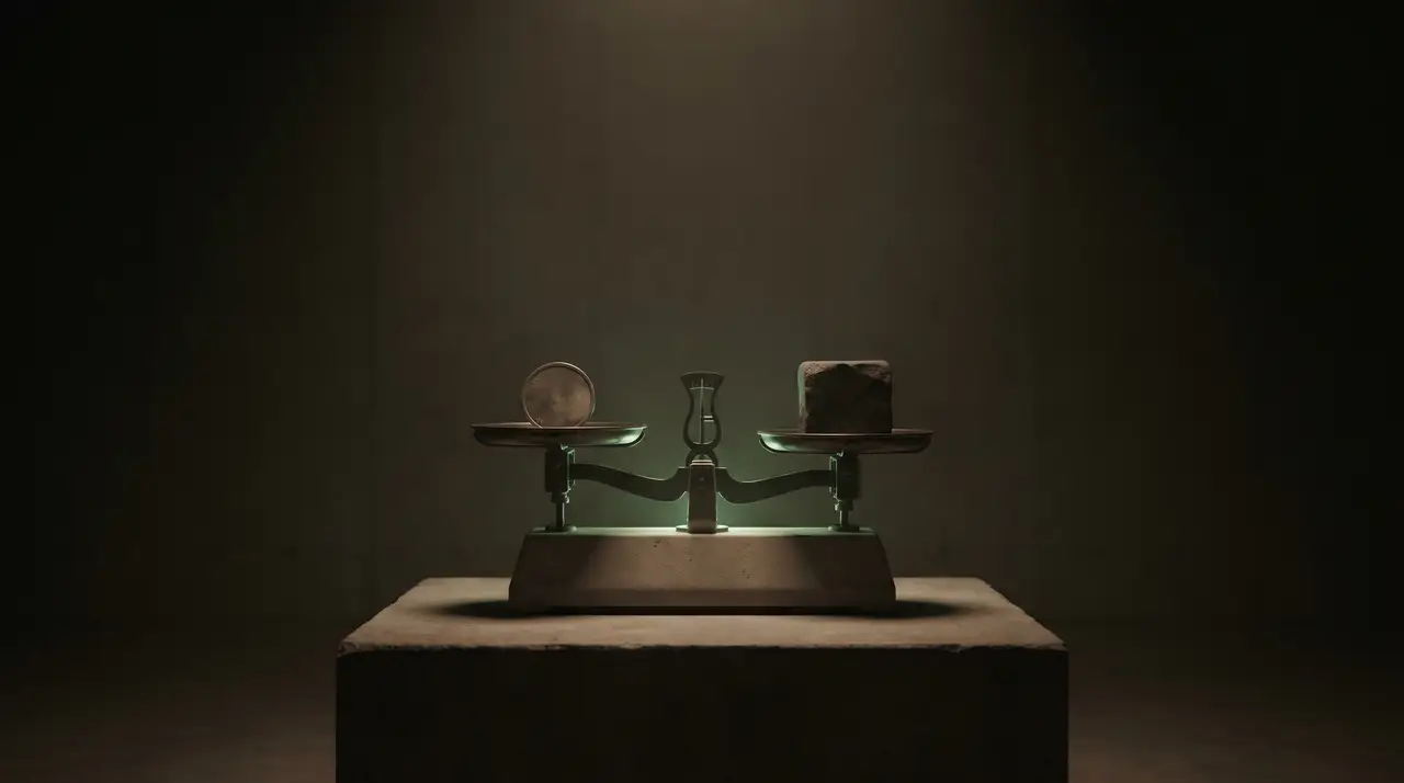 a green-lit scale balancing a coin and a block, dark