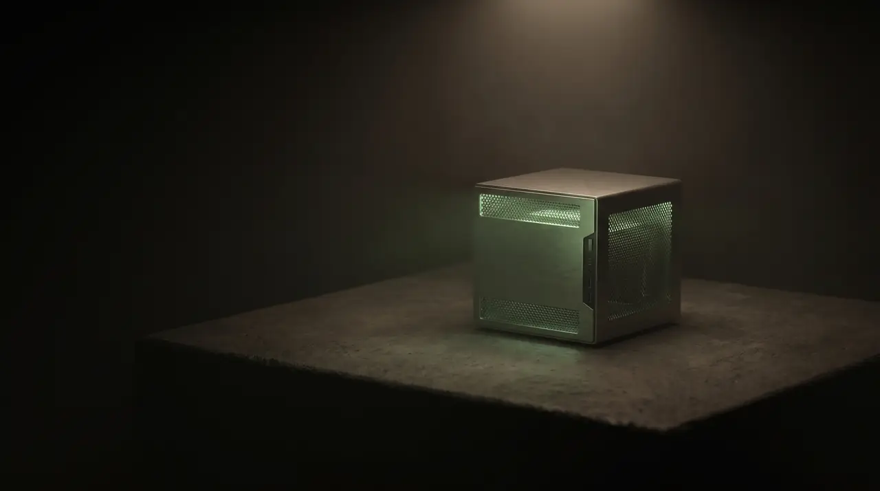 a solid green-lit budget server cube under a soft light, dark