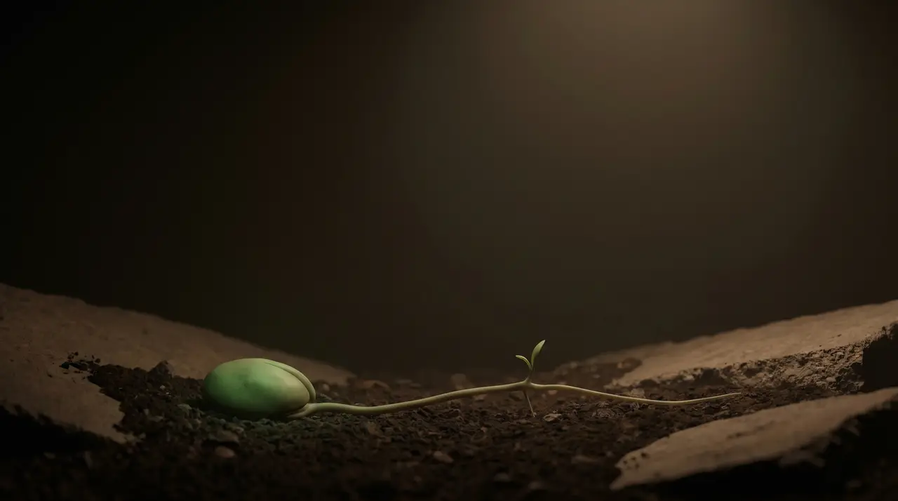 a green seed underground with a long root before a small sprout