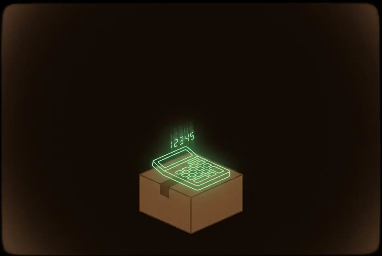 a calculator resting on a shipping box, faint digits hovering above