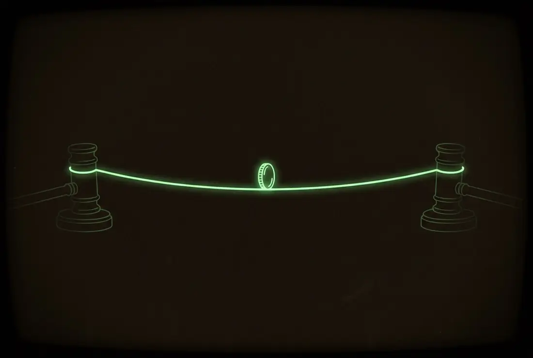a coin balanced on a tightrope strung between two gavel-shaped posts