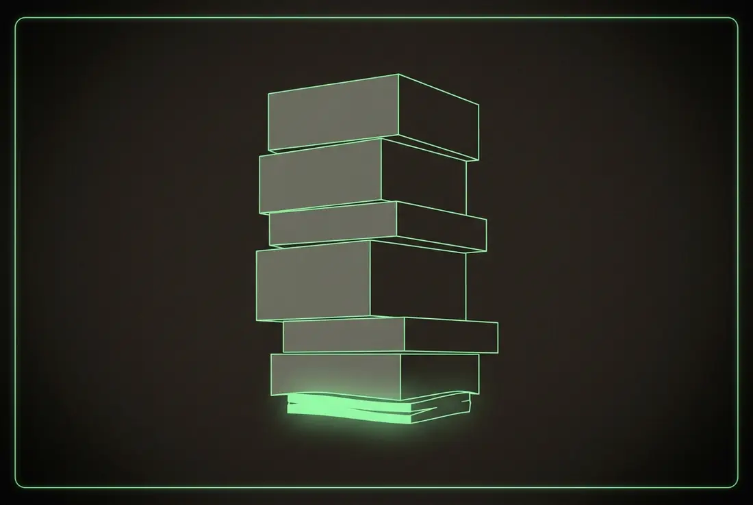 a stack of heavy grey blocks pressing down on one thin lit green block - the margin under the cost stack