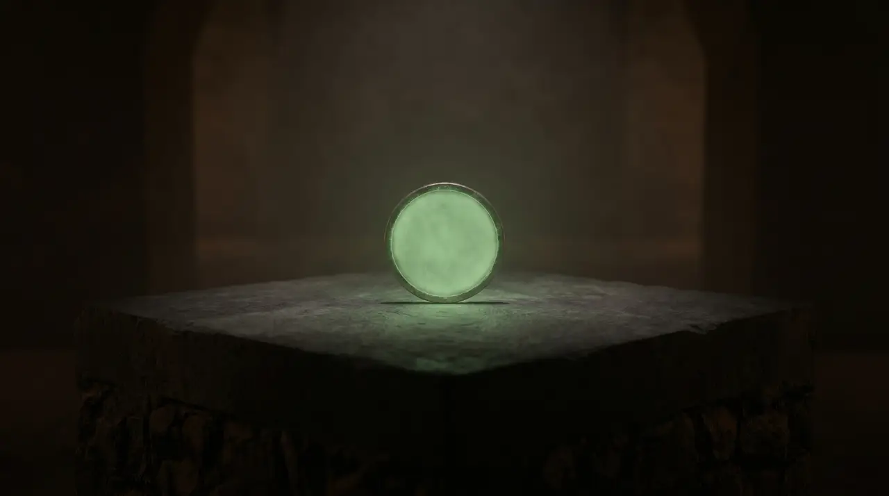 a small green coin resting on a solid dark architectural base with a faint glow