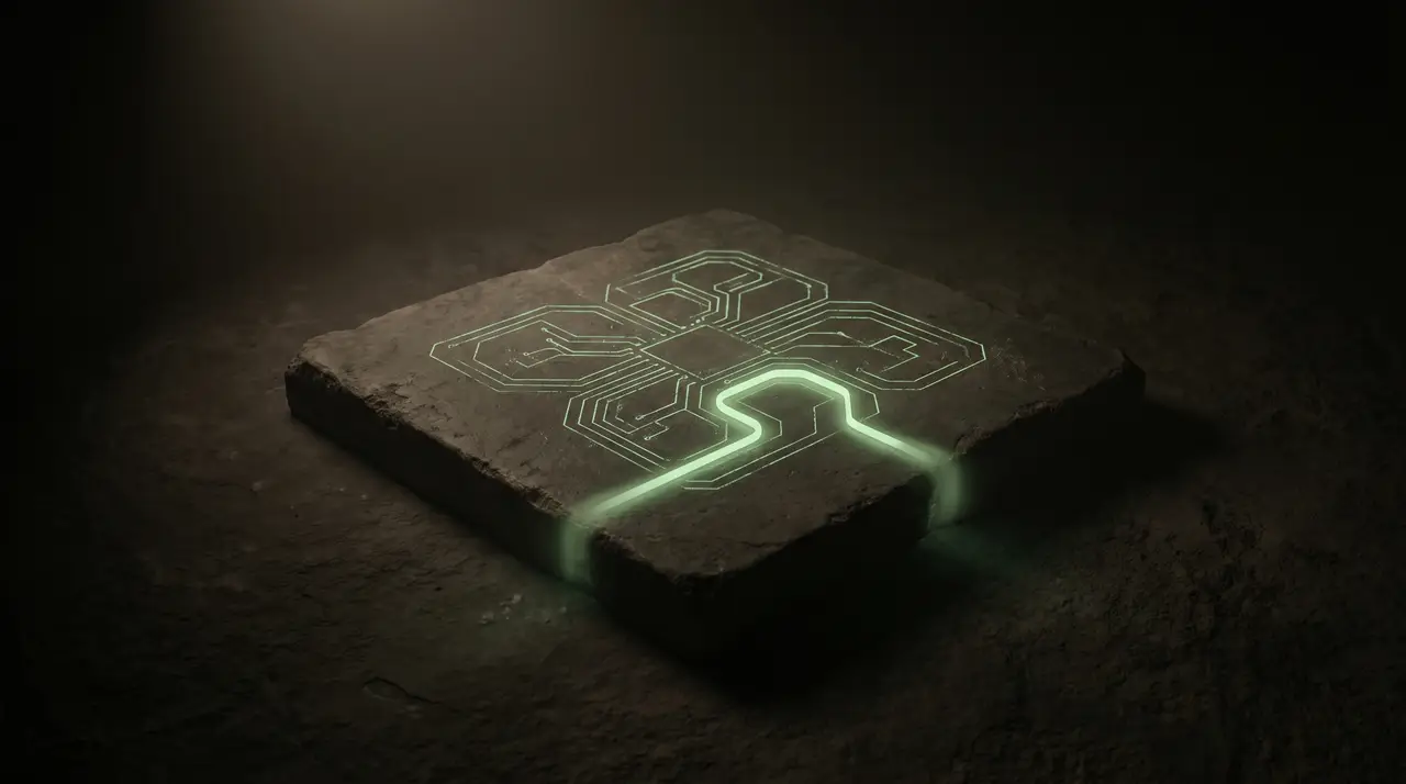 a blueprint drawn in thin green light on dark ground with one clear path highlighted