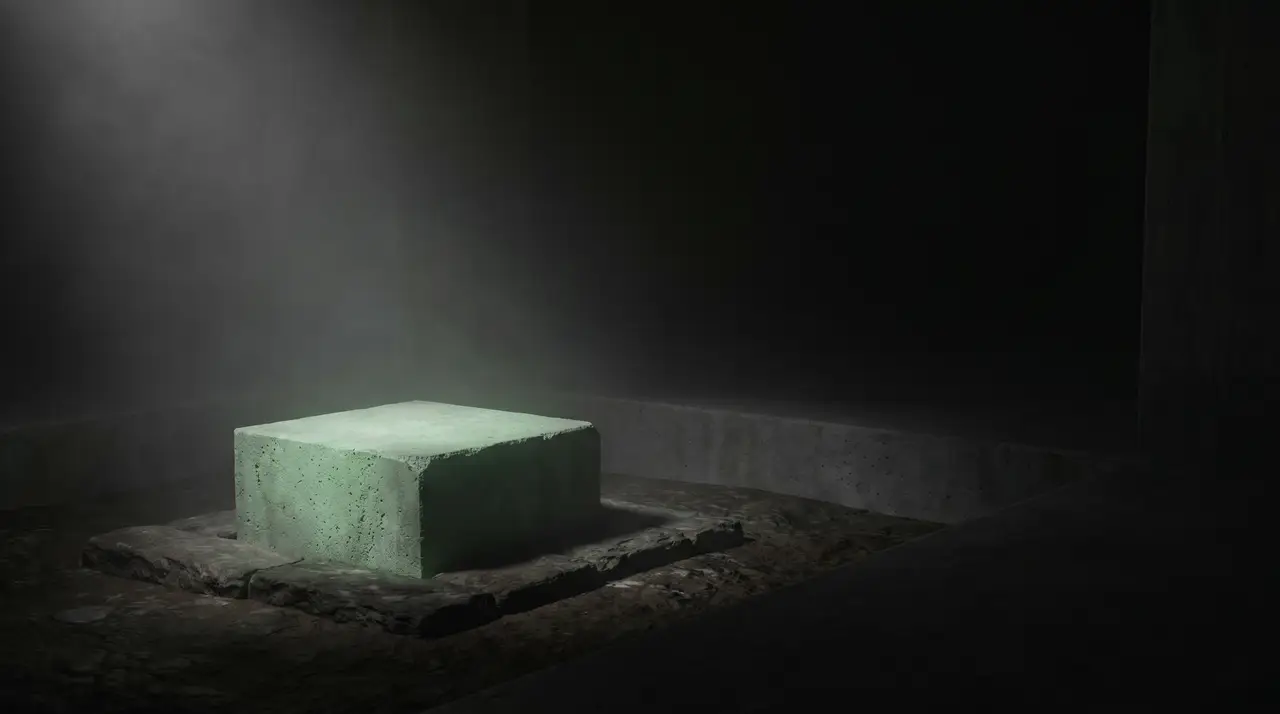 a green-lit cornerstone block being set as the foundation of a dark minimal structure