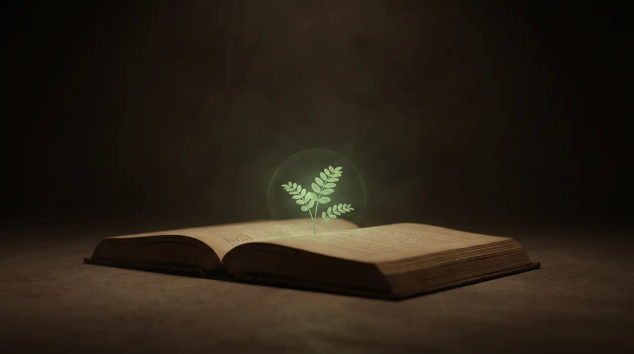 a small green plant of compounding leaves growing from a page