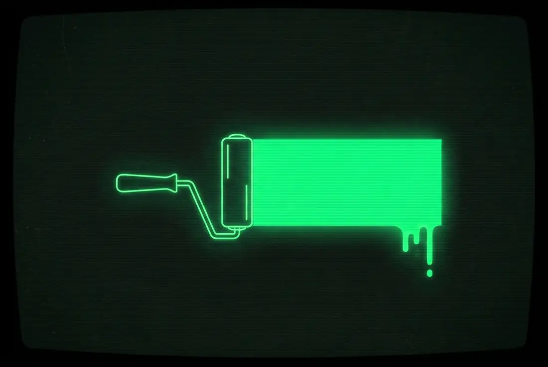 a glowing paint roller leaving one luminous stripe across a dark blank wall