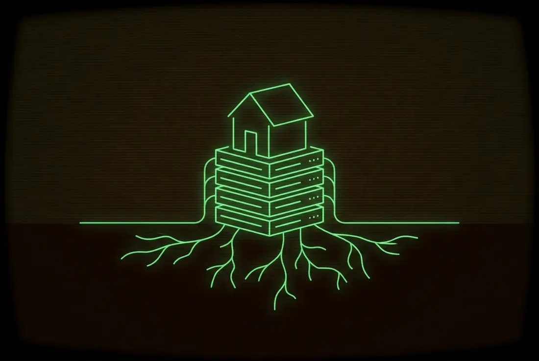 a small glowing house standing on a foundation of server racks, cables rooting into dark ground