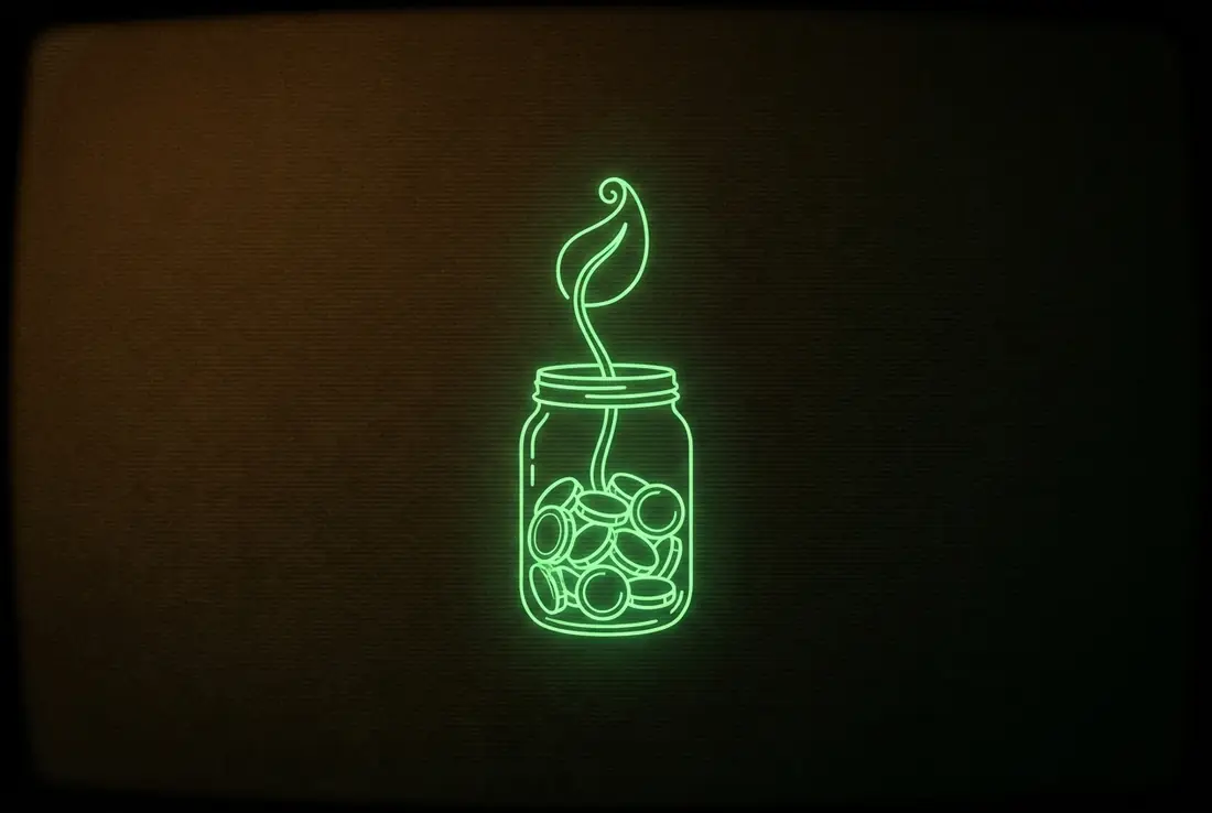 a young glowing plant growing out of a glass jar of coins in darkness, one leaf unfurling