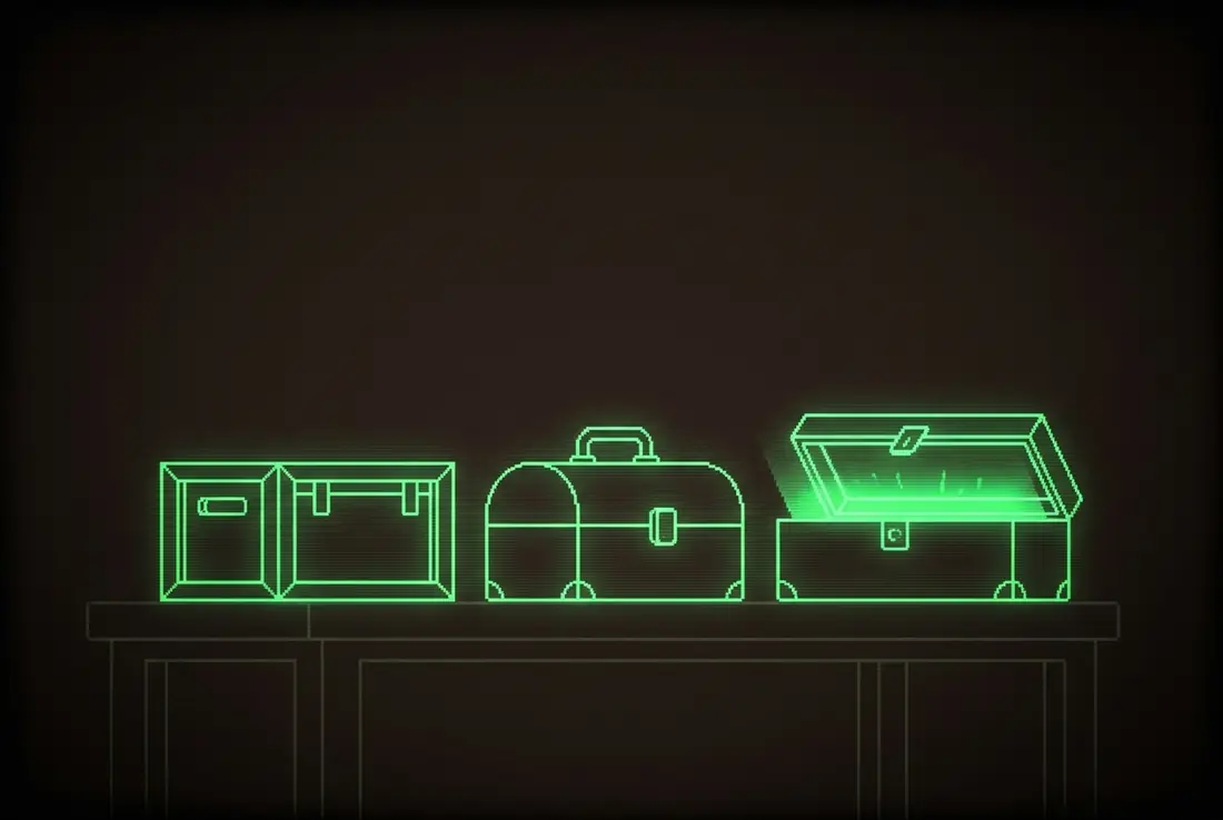 three glowing toolboxes of different shapes on a dark workbench, one open and lit brightest