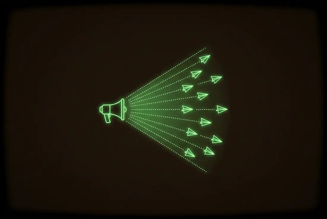 a small megaphone projecting a cone of light filled with tiny glowing paper planes