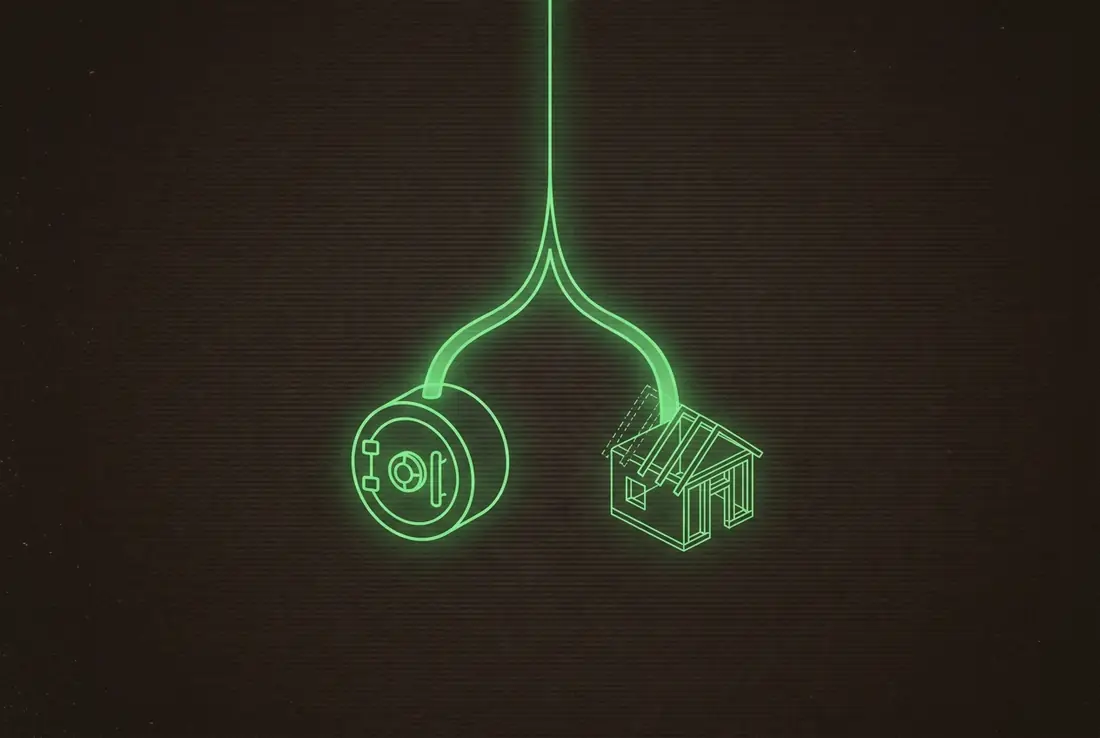 one stream of light splitting toward a vault and toward a half-built house
