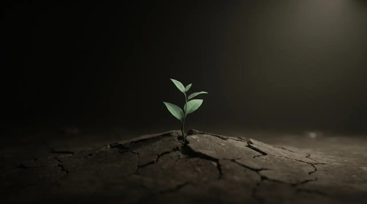 a slow green plant pushing up through dark cracked earth toward faint light