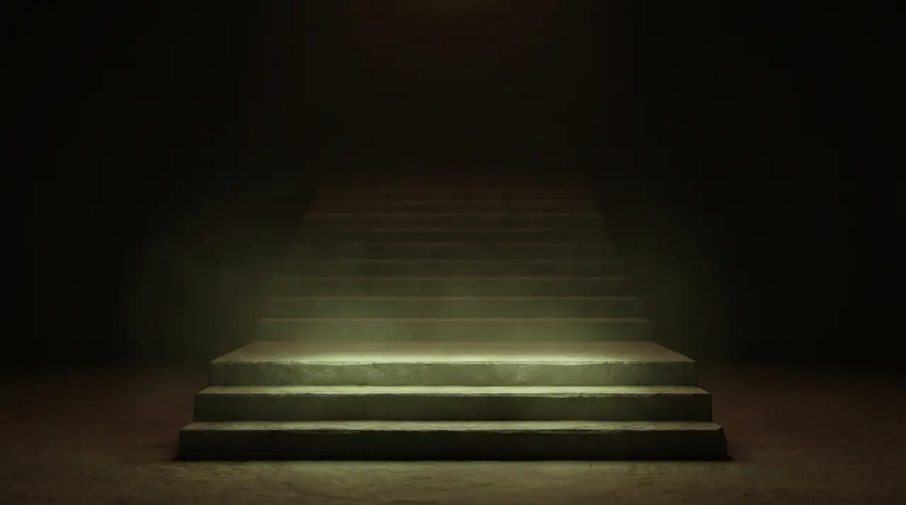 a long dark staircase with the first steps lit green fading up into darkness
