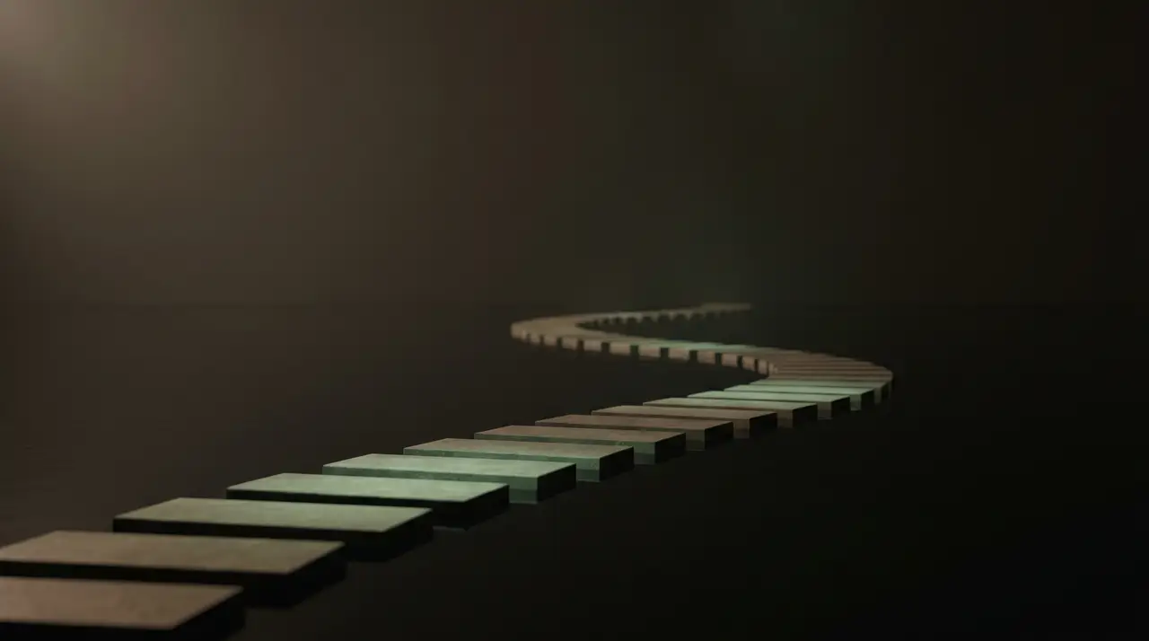 a steady green path of stepping stones across dark water